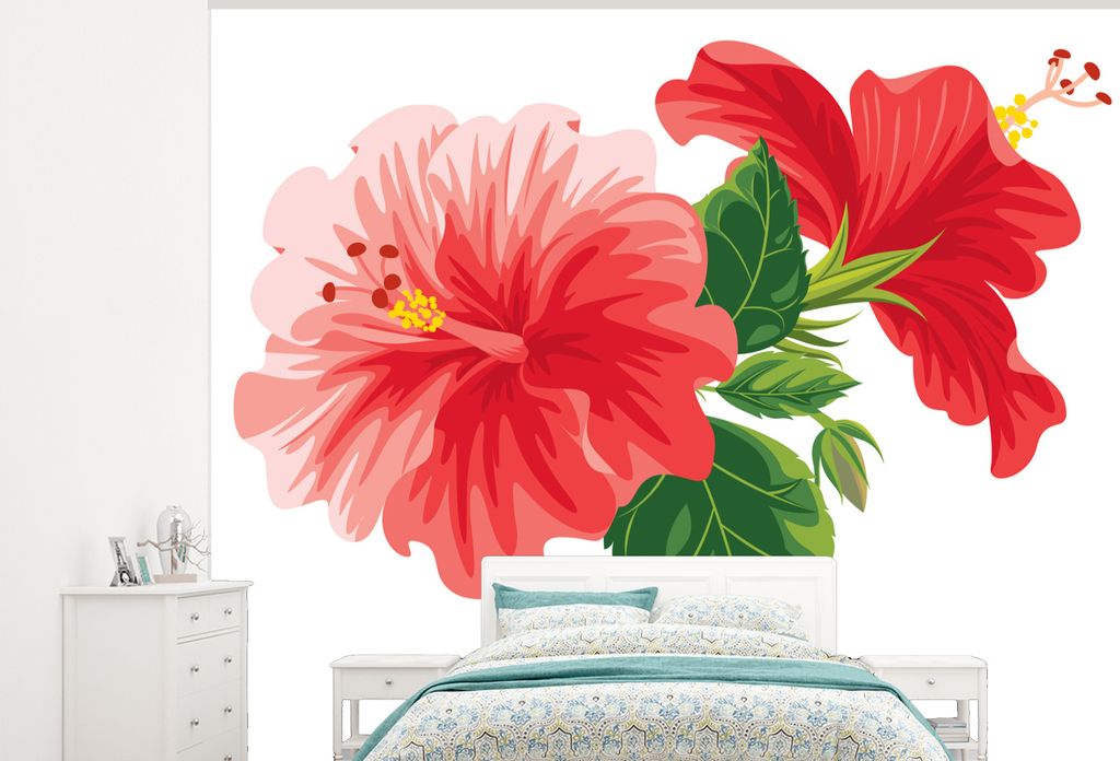 MuchoWow Fototapete für Wohnzimmer oder Schlafzimmer Wandtapete Vinyl Motivtapete Aquarellierte Illustration eines Hibiskus - 325x260 cm - Tapete