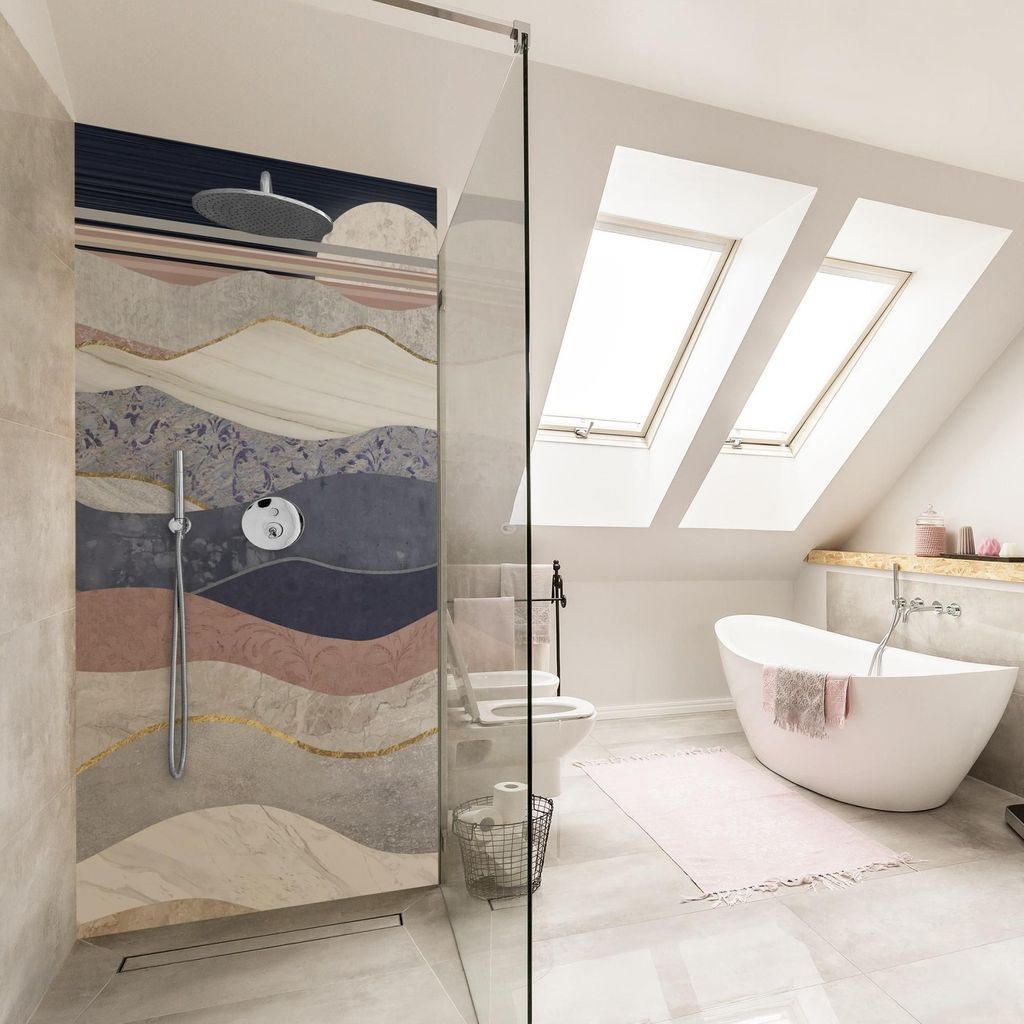 Duschrückwand Natur selbstklebend - 0.61 mm Wandpaneel wasserfest Berg grau Illustration Badrückwand fugenlos Premium matt 80x190 cm