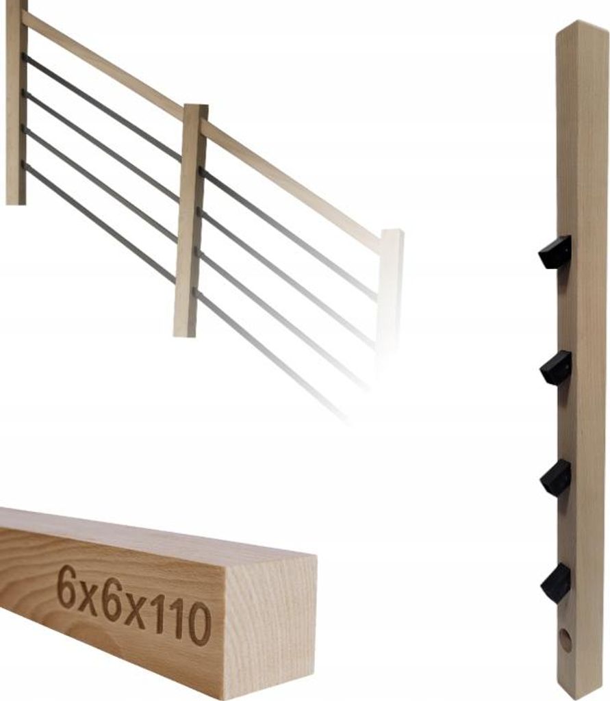 Kantholz - Holzpfoste - für Treppengeländer - 6 x 6 x 110 cm - Buchenholz - Vollständiger Montagesatz - Montage von 25x25 mm Profilen im Winkel ...