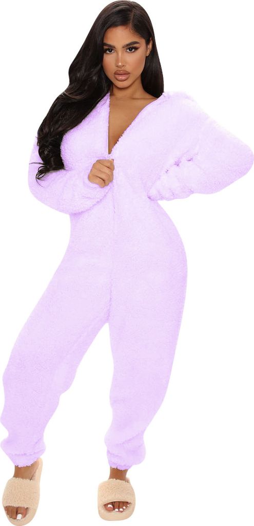 ASKSA Damen Jumpsuit Furry Reißverschluss Einteiler Overall mit Kapuze Flauschig Warme Nachtwäsche Kostüme, Violett, S