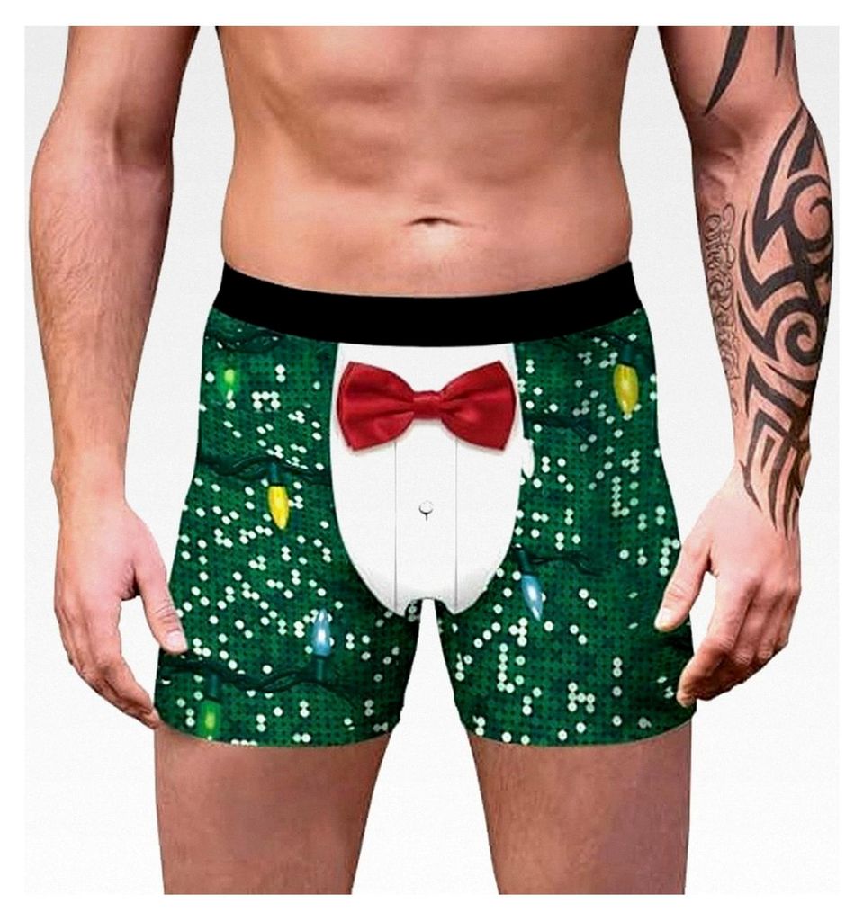 Weihnachtsunterhose Herren Boxershorts Pailletten Glänzend Cartoon Druck Mittellang Unterwäsche Lustige Höschen 3D Druck