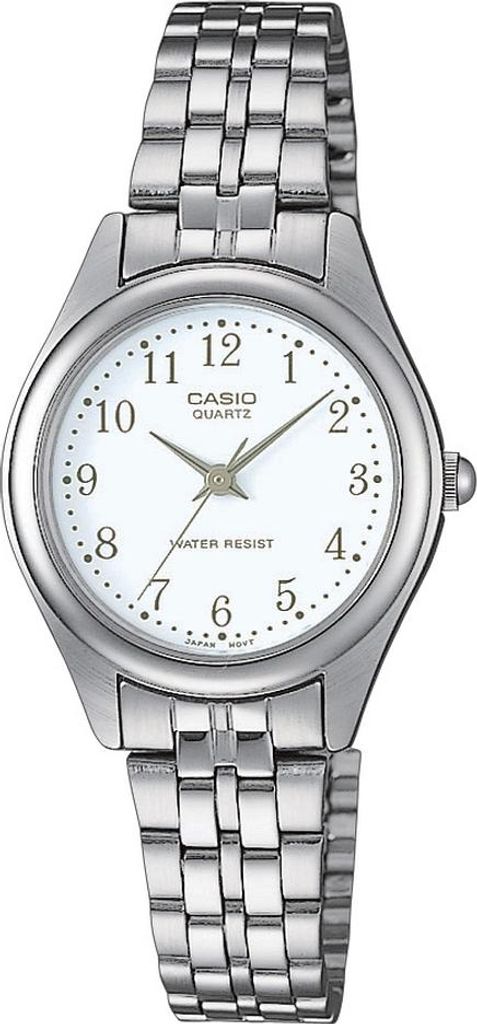 A close-up studio shot of a silver Casio women's watch with a white face.