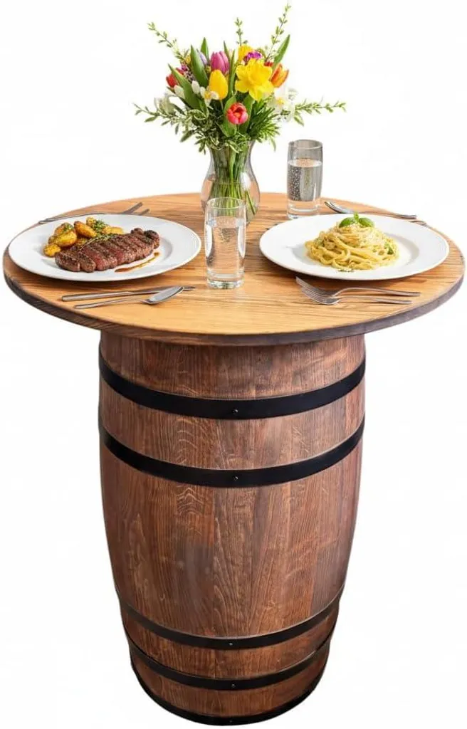 Table haute Weeco en fût de chêne et pin Ø68cm - Design rustique monté
