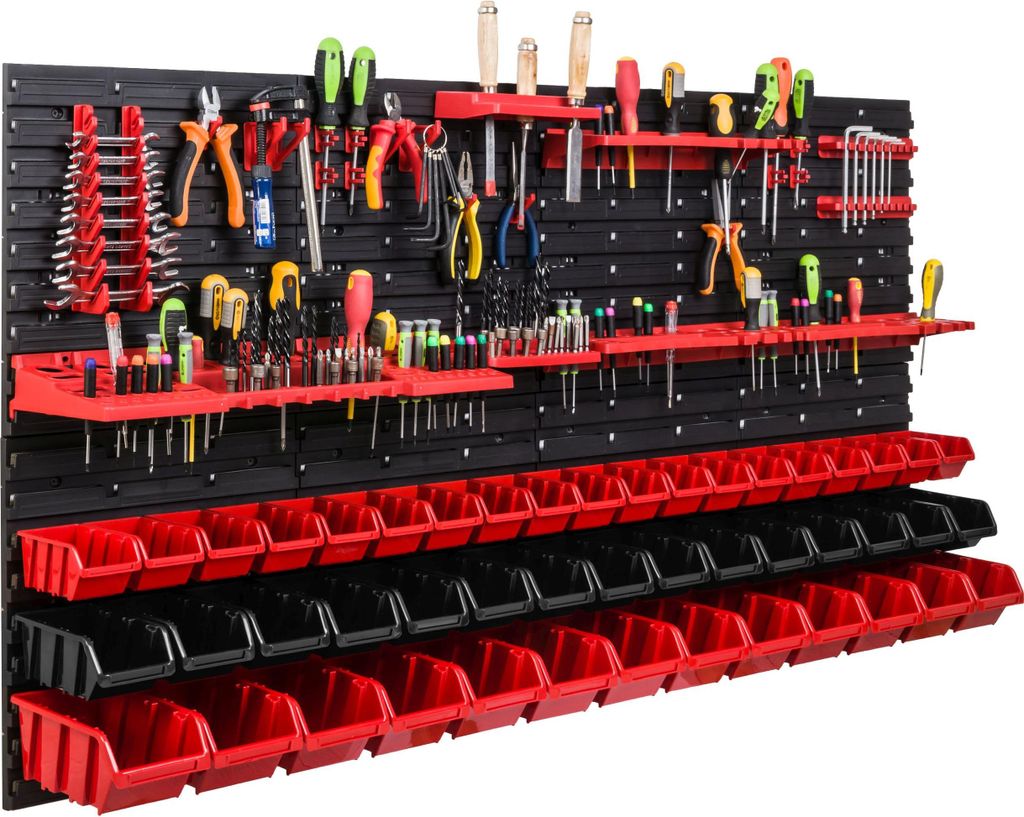 Lagersystem Werkstattregal | 156 x 78 cm | 47 stck. Box | Wandregal mit Werkzeughalterungen und Stapelboxen - Wandplatten Extra Starke Schüttenreg...