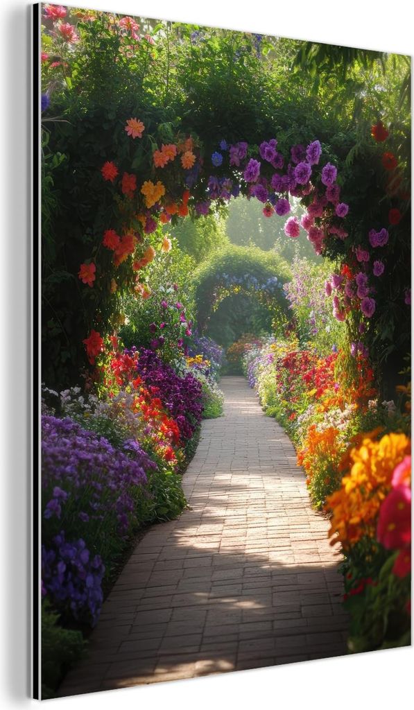 MuchoWow Wanddekoration Metall Metallbild Wandkunst 90x120 cm Durchblick - Weg - Blumen - Strauch - Farbenfroh MuchoWow Aluminium Gemälde - Indust...