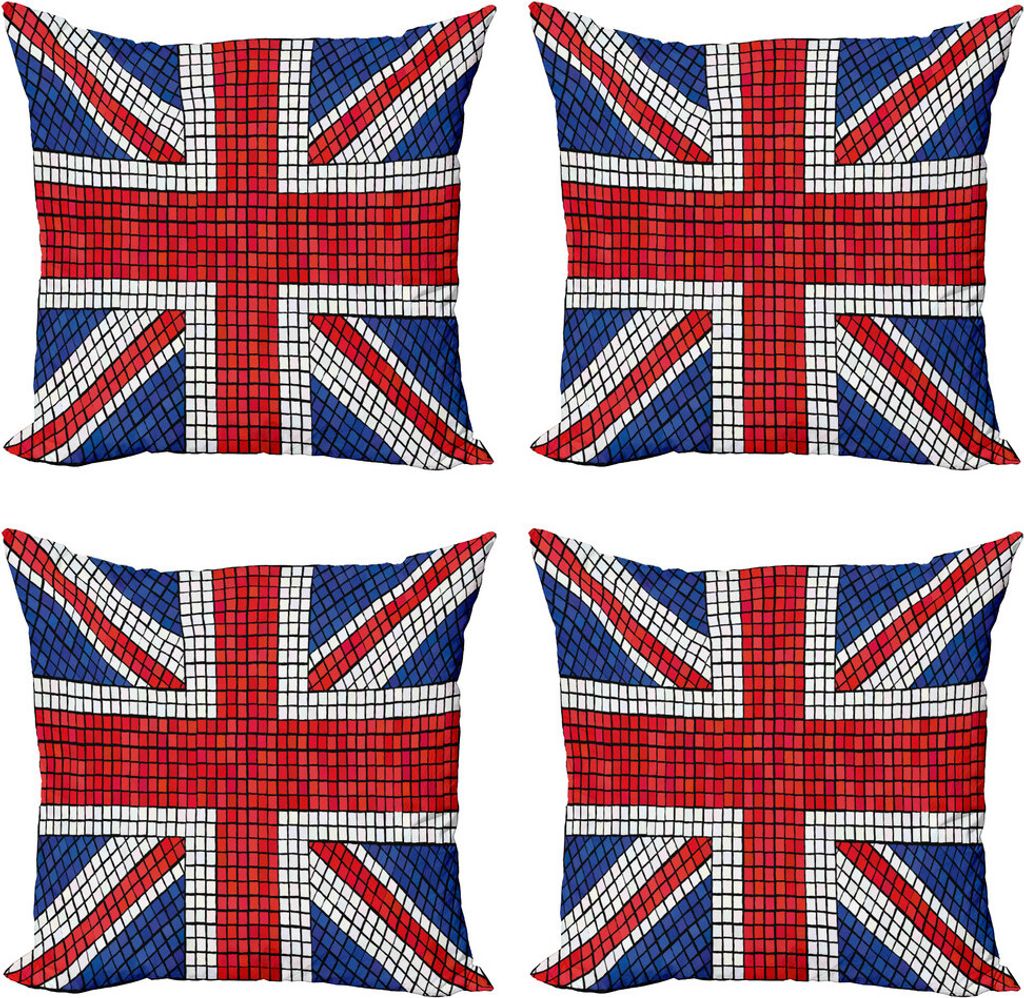 ABAKUHAUS Union Jack Kissenbezug Set (4 Stück), Mosaik Britische Flagge, Moderner Doppelseitiger Digitaldruck, 50 cm x 50 cm, Royal Blue, Rot, Weiß