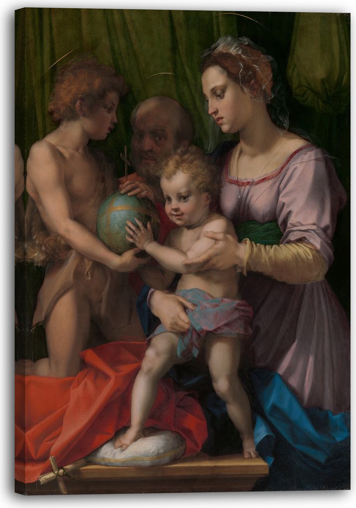 Leinwandbild (40x60cm): Andrea del Sarto - Die Heilige Familie mit dem jungen Johannes der Täufer, echter Holz-Keilrahmen inkl. Aufhänger, handge...