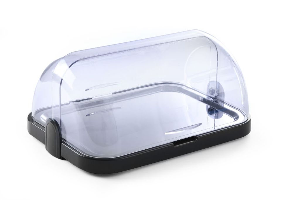 A clear studio shot of a transparent rolltop bread bin with a black base, isolated on a white background.
