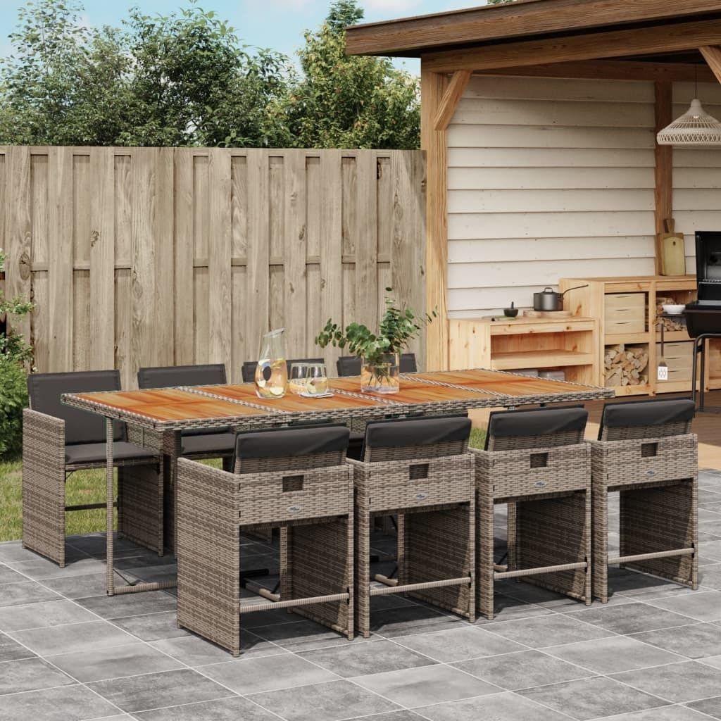 Maison Exclusive - 9-tlg. Garten-Essgruppe mit Kissen Grau Poly Rattan