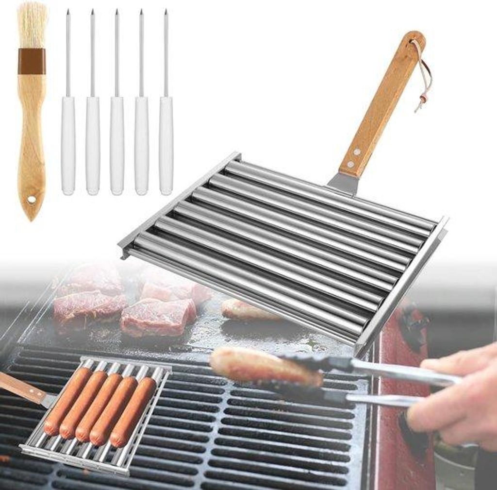 Allecto ist entfernt, da es ein Hersteller ist. Plus - Grillrek van Roestvrij Staal met Houten Handvat - BBQ Worstjesroller en Skewer Borstel - 5 H...
