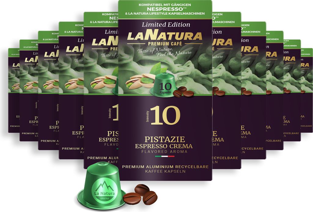 Pistazie Espresso Crema Premium Kaffee - 110 Kaffeekapseln | La Natura Lifestyle Organic 616g| biobasiert | Nespresso *³ kompatible