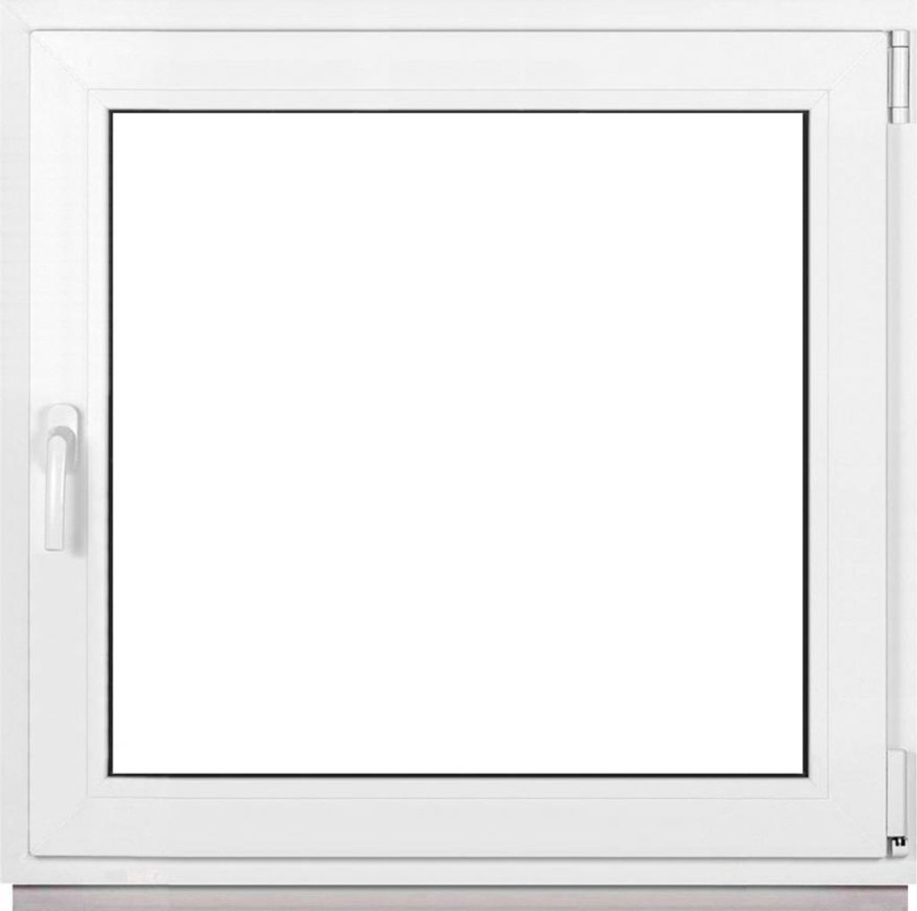 A white framed window with a clear glass pane, presented against a white background.