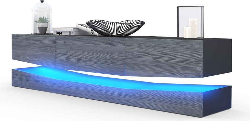 Vladon Lowboard City, Germany, TV-Kommode mit Sockelelement, 1 offenem Fach und 3 Schubkästen, Schwarz matt/Avola-Anthrazit, inkl. LED-Beleuchtun...