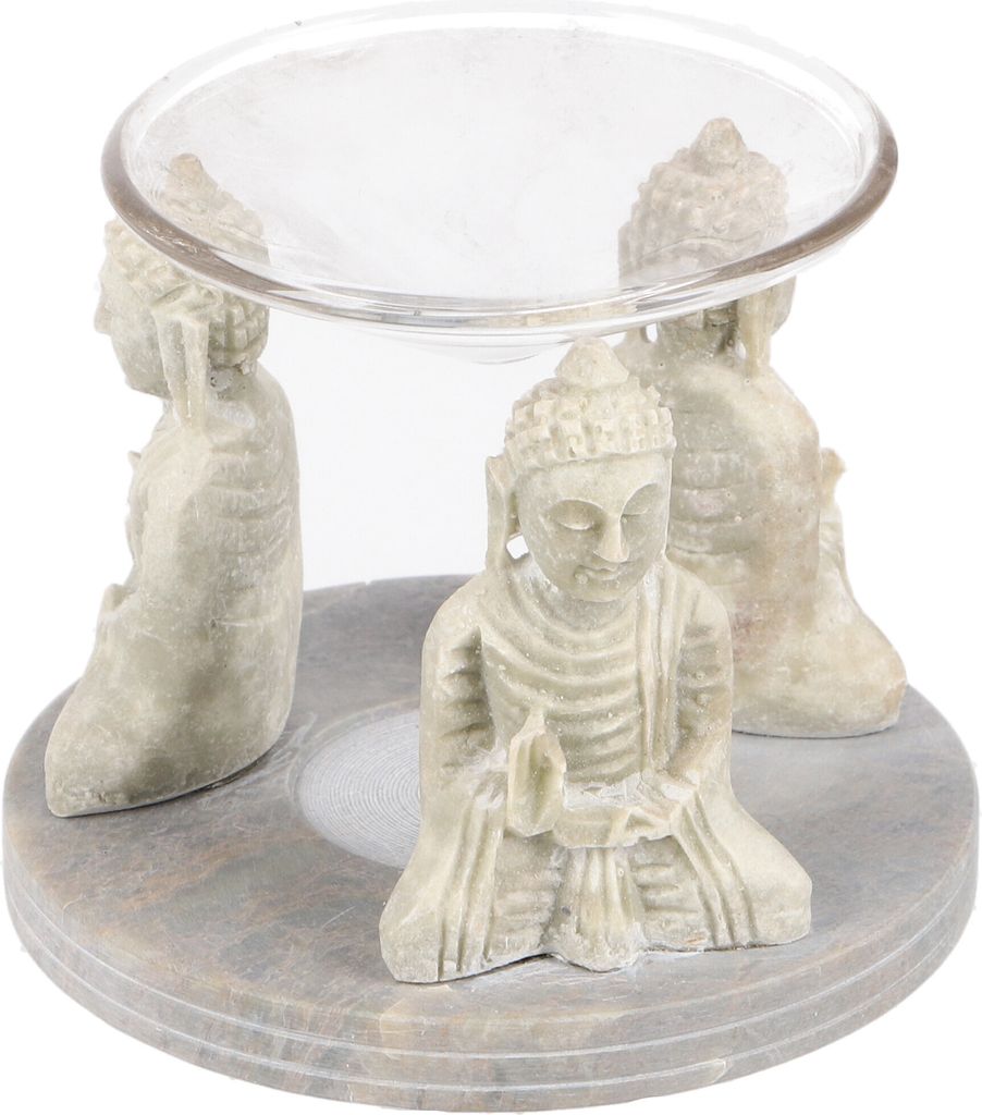 Indische Duftlampe, ätherisches Öl Diffusor, Teelicht Halter für Aromatherapie, Aromalampe aus Speckstein mit Glasteller - Buddha, Grau, Keramik...