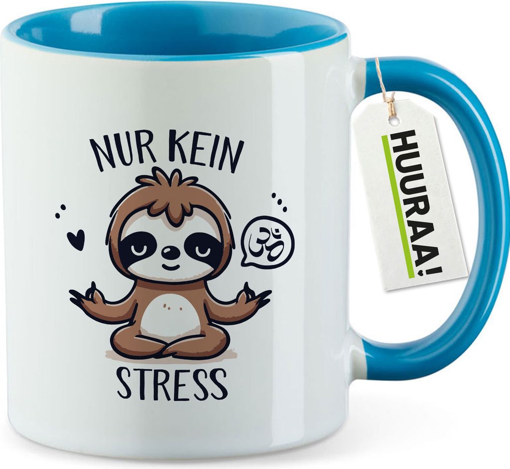 Huuraa Kaffeetasse Nur keinen Stress Yoga Faultier 330ml Blau Keramik Kaffeebecher Geschenkidee