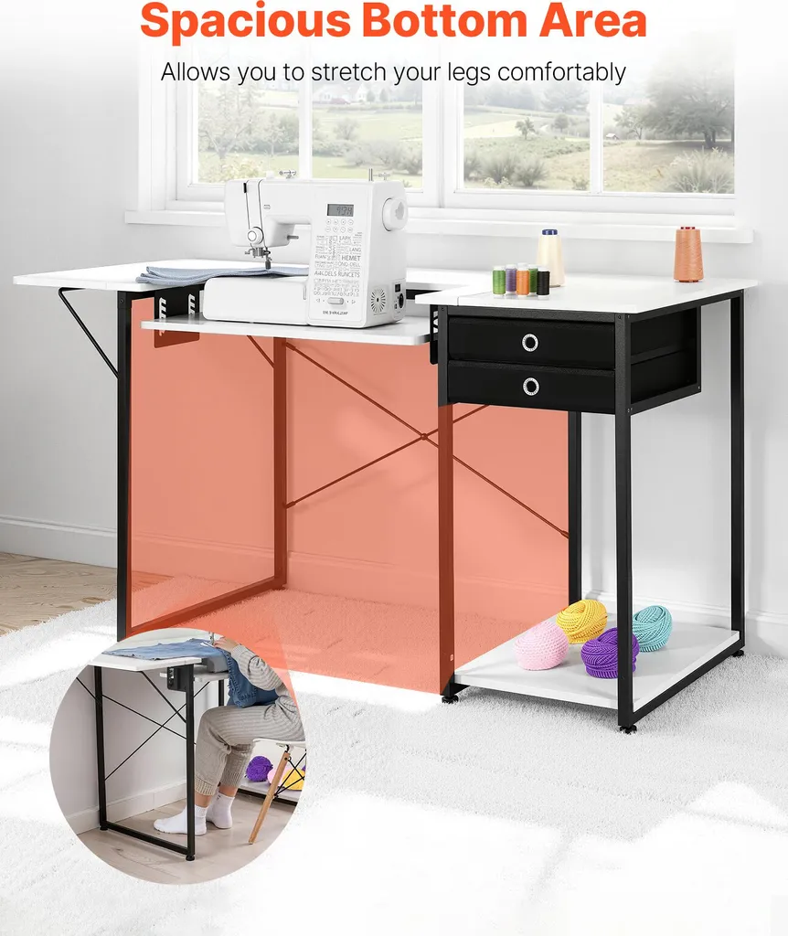Bureau de couture multifonction avec rangement et plateau extensible gris