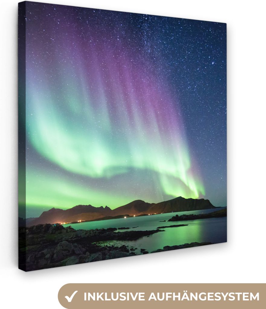 MuchoWow - Leinwandbilder - Nordlicht - Grün - Lila - Sternenhimmel - See - Berg, Wandbild, Wanddeko Bilder Wohnzimmer, 90x90 cm