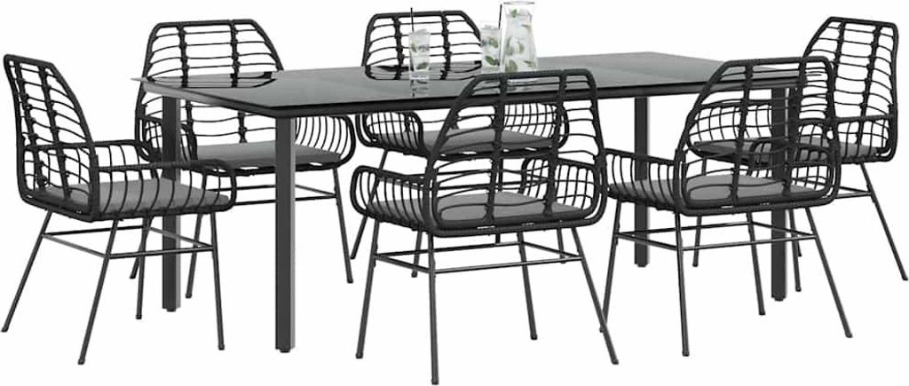vidaXL 7-tlg. Garten-Essgruppe mit Kissen Schwarz Poly Rattan Glas