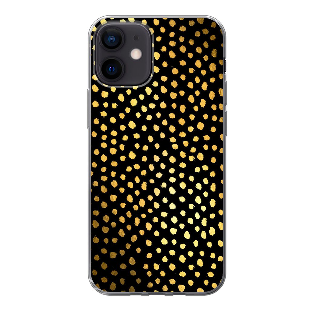MuchoWow Handyhülle Schutzhülle Hülle für iPhone 12 Polka dots - Gold - Schwarz Silikon Softcase Handy Hülle - Schutzhülle