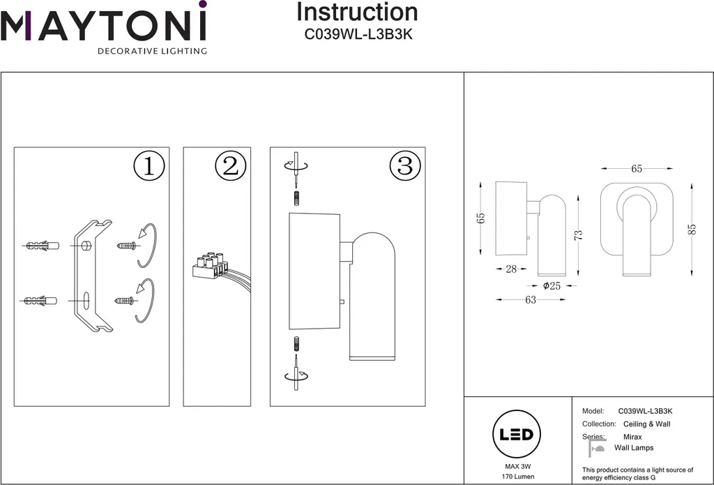 Applique Mirax orientable noire avec interrupteur pour lecture confortable