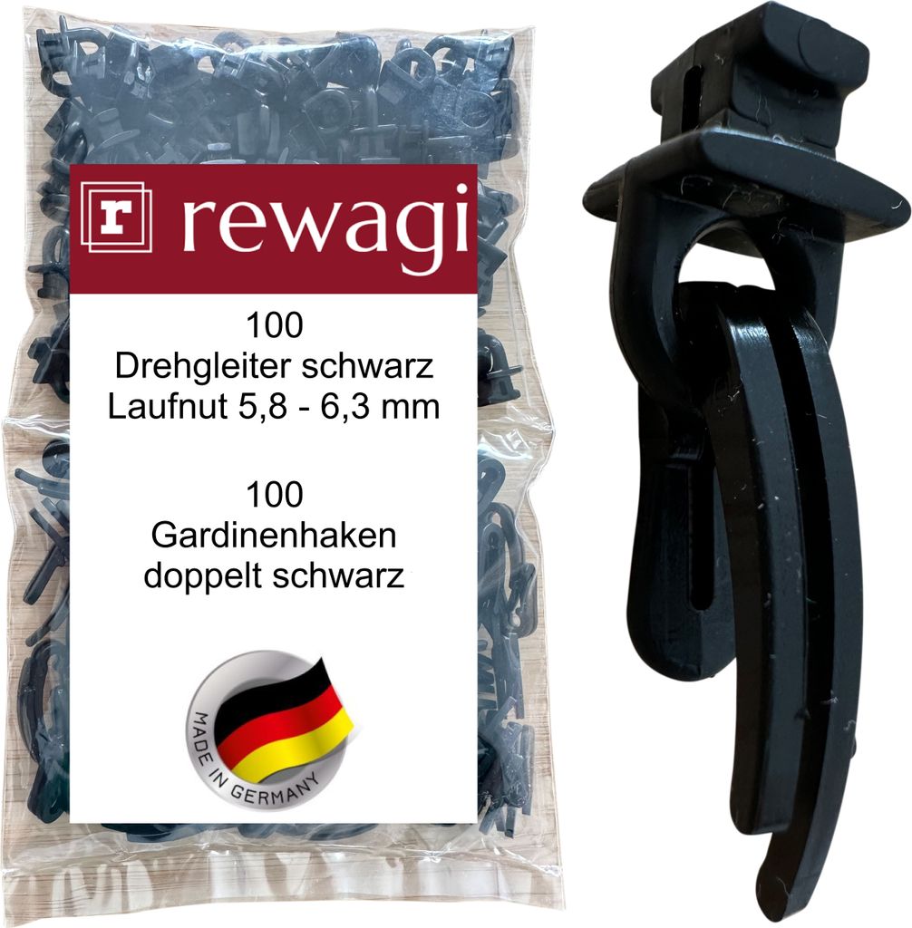 rewagi 100 Drehgleiter PIR schwarz & 100 Gardinenhaken doppelt schwarz, für Gardinenschiene, Überklipshaken, Faltenlegehaken. Laufnut 5,8 - 6,3 mm