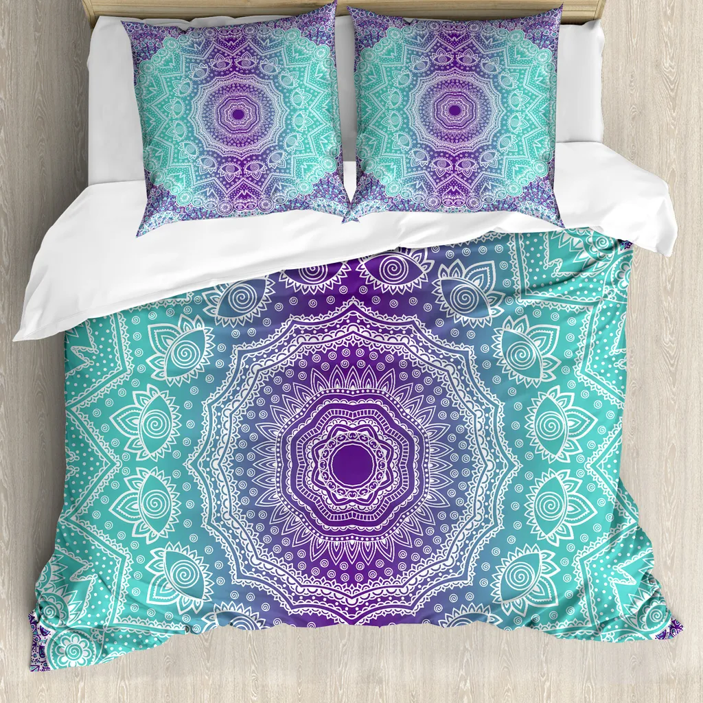 Set Letto Mandala Hippie 200x200 ABAKUHAUS Viola e Turchese