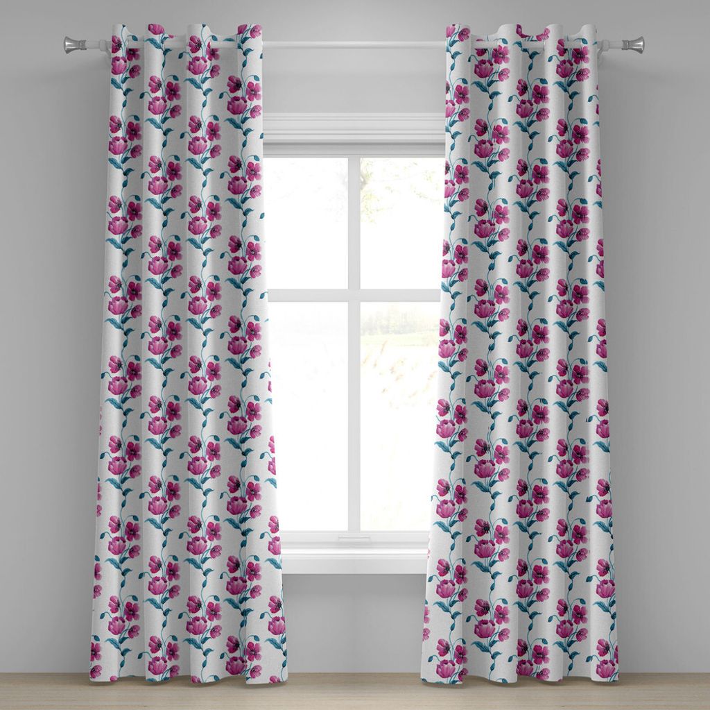 ABAKUHAUS Blume Ösenvorhang, Mohnblumen Dekorative Vintage Art Entwurf Verlässt Knospen Botanik Grafik, Dekorative 2-Panel-Fenstervorhänge, 280 ...