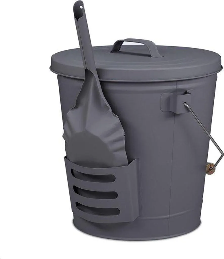 Seau à charbon gris 19L en acier avec poignée bois et tiroir de vidage