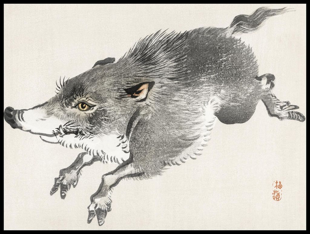 Plakat 80x60cm Wildschwein, Kōno Bairei Japanisches Vintage für das Wohnzimmer