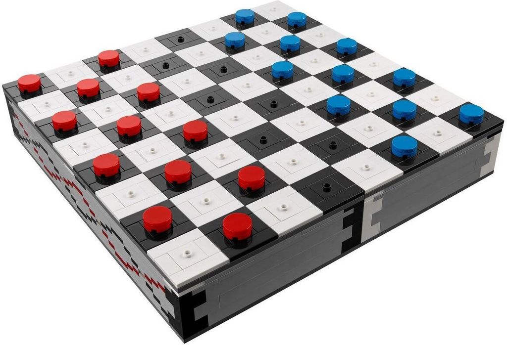 A LEGO checkers board game with red and blue pieces.