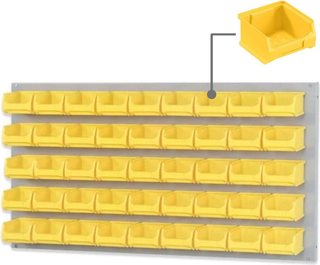 Trägersystem Graue Systemplatte mit 45x gelben Sichtlagerboxen 1.0 | Maße HxB 50x100cm | Sichtlagerbox, Sichtlagerbehälter, Sichtlagerkasten