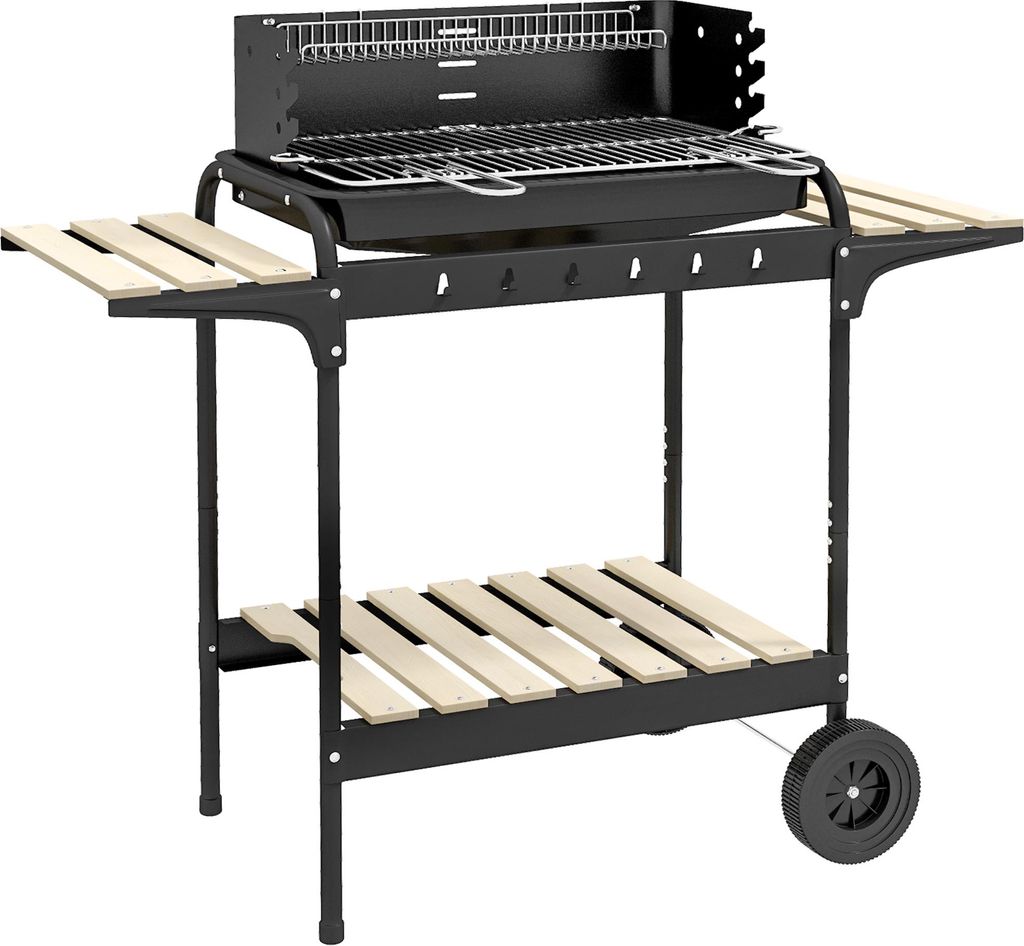 Holzkohlegrill aus Metall BBQ Smoker mit Räder, höheverstellbar Grillrost, Holzablage, Metall, Kiefernholz, 103 x 47 x 95 cm, für Garten und Ter...