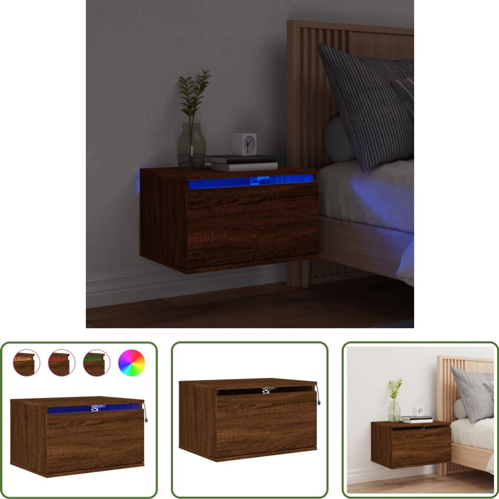 The Living Store Wand-Nachttisch mit LED-Leuchten Braun Produktbild 