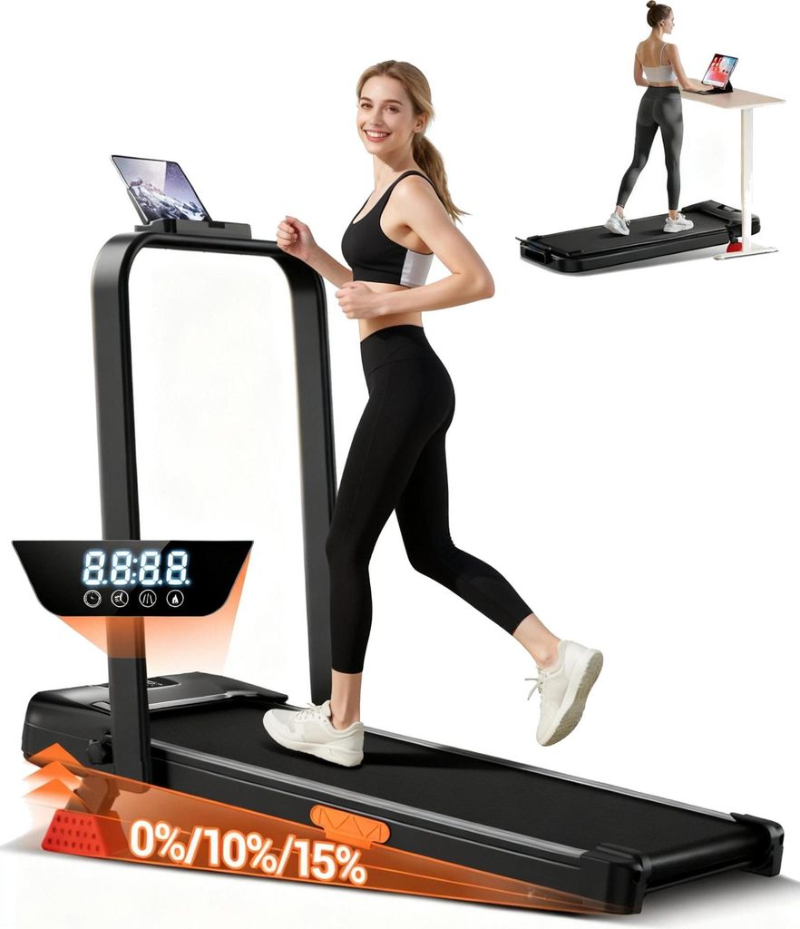 Laufband 15 % klappbares Laufband, 6-in-1-Kipplaufband mit Bürstenlosem Motor, Walking Pad mit Steigung max. Belastung 136 kg