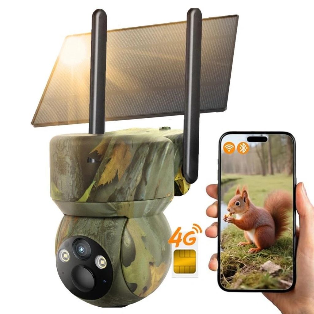 2K 4G LTE PTZ Überwachungskamera Aussen mit SIM-Karte Wildkamera mit Bewegungsmelder Nachtsicht 32GB Karte Tieranerkennung PIR Erkennung Wasserdicht