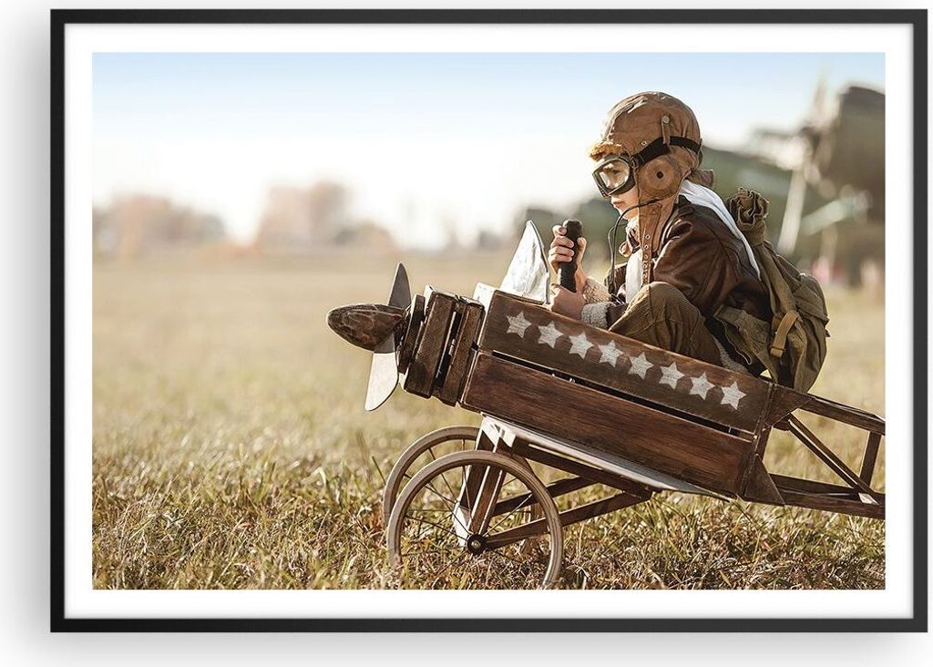 Gerahmtes Poster - Schwarzer Rahmen - Kindheit Flugzeug Spielzeug - 100x70 cm - Wand Bild - Wanddeko - Wandbilder - Kunstposter - Wandposter - Bild...