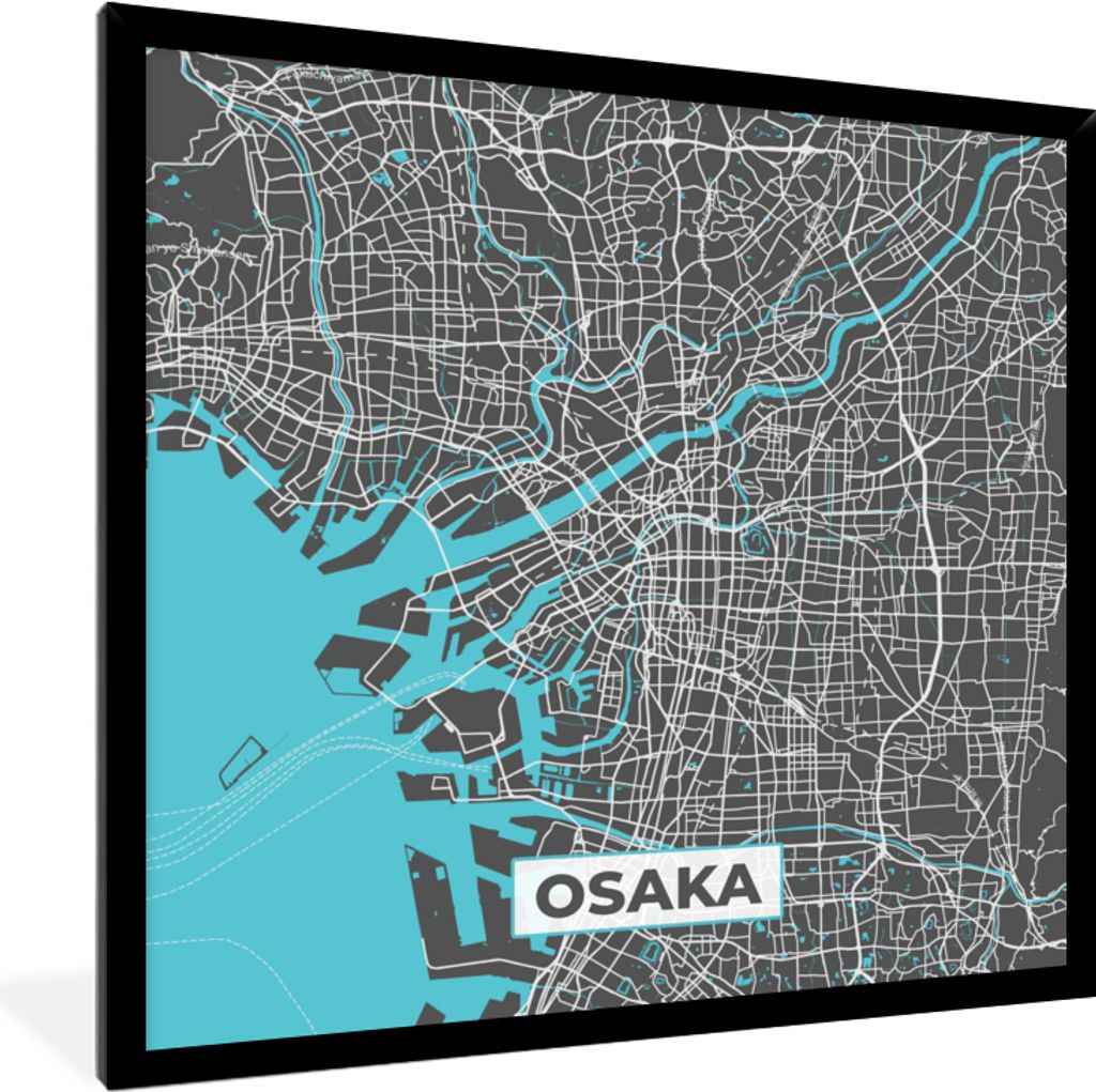 MuchoWow Gerahmtes Poster Osaka - Blau - Karte - Stadtplan 40x40 cm - Poster mit Schwarzem Bilderrahmen Wandposter Rahmen Foto Bilder - Mit Rahme...