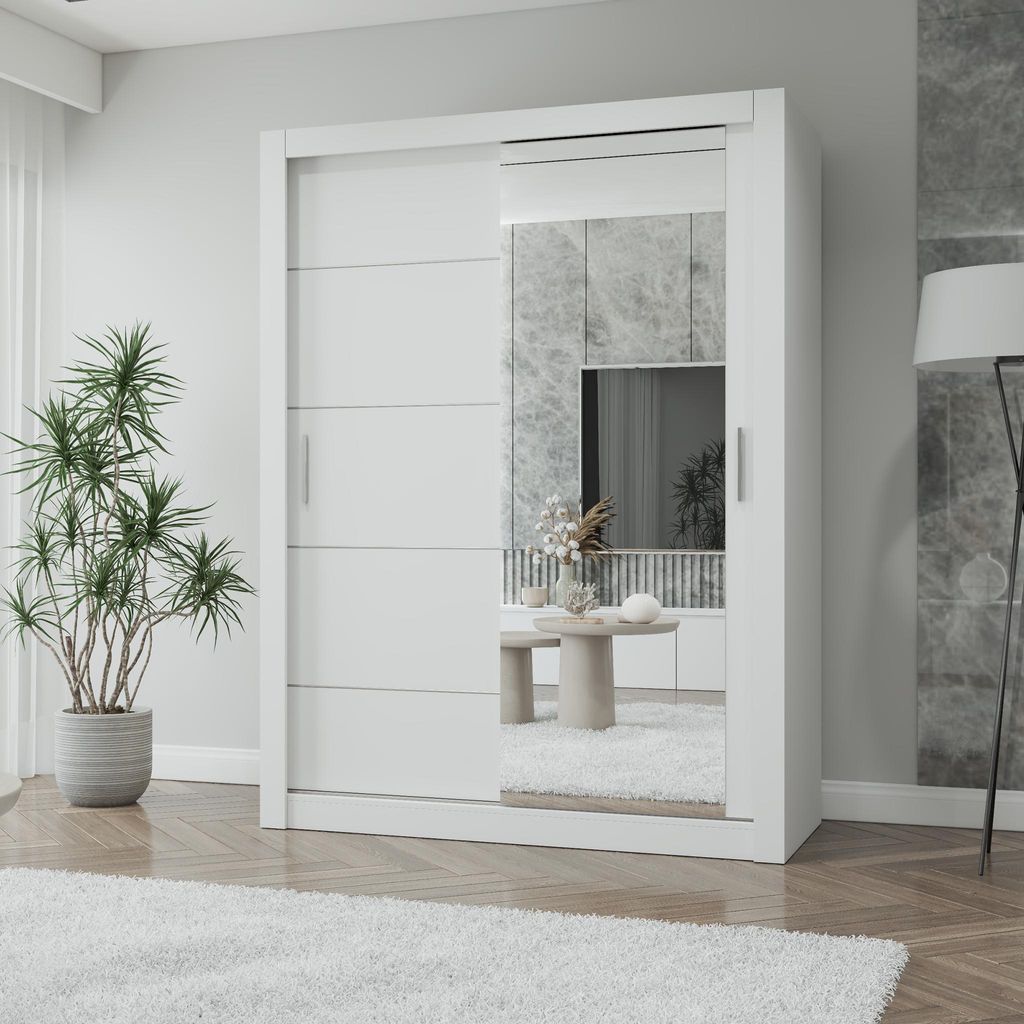 Schwebetürenschrank LION, Schlafzimmer, Kleiderschrank Schrank 150 cm Weiß/Weiß mit Spiegel, alufarbene PVC-Griffe