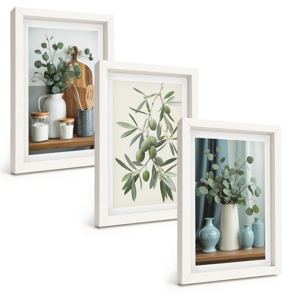 Bilder Set 3-teilig im weißen Rahmen – Wandbilder 3 Stück – gerahmte Poster für Wohnzimmer, Schlafzimmer und Flur – 20x30 cm – Grüne Ol...