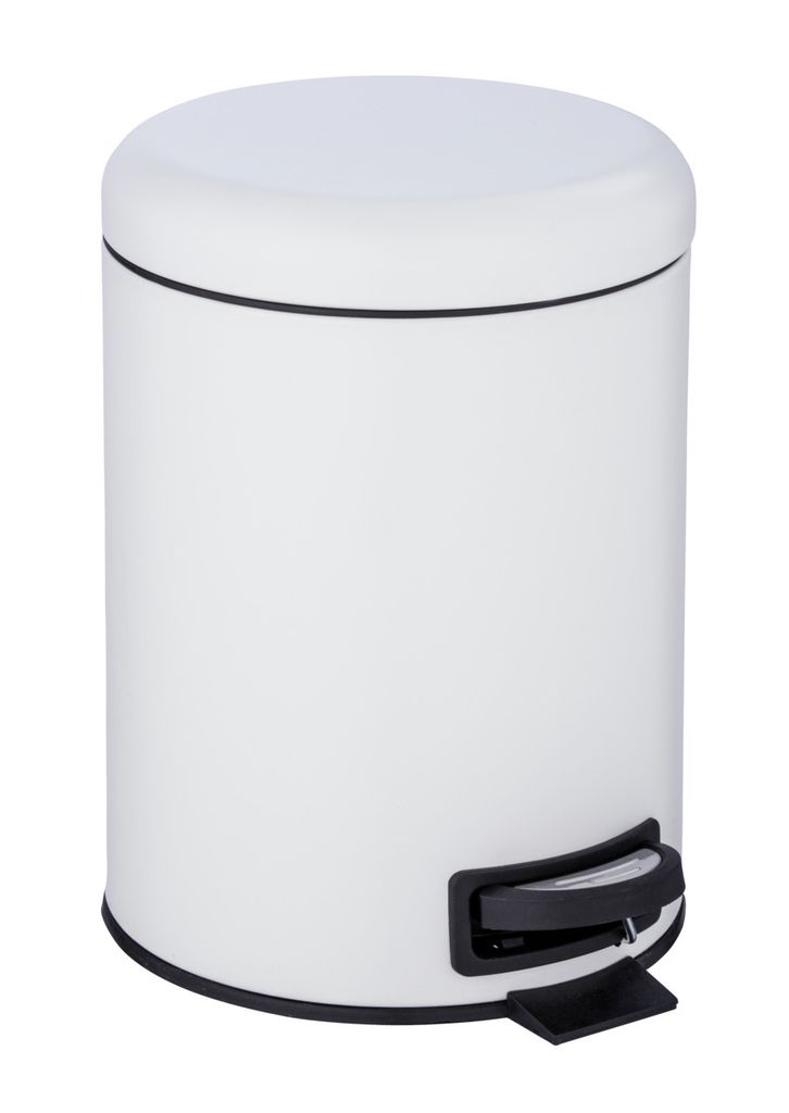 A white pedal bin with a black pedal and trim.