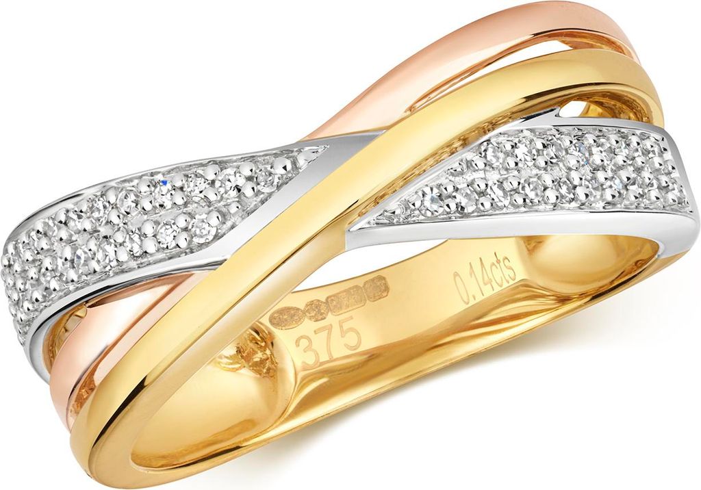 9 Karat (375) Tricolor Gold Damen - Diamant Kreuz über Ring / Ring gekreuzt Brillant-Schliff 0.14 Karat GH - SI, 51 (16.2); TRS31829RSL