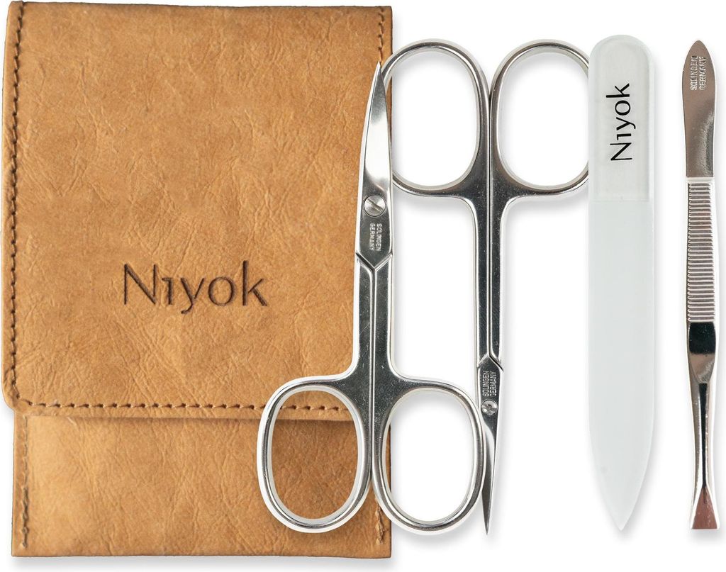 Maniküre-Set 4-teilig im veganem Etui – Nagelschere, Hautschere, Glasnagelfeile & Pinzette