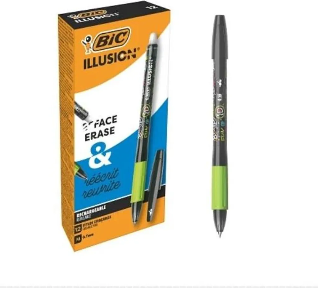 BIC Illusion Stylo à Bille Noir Rechargeable Pointe Moyenne Lot de 12