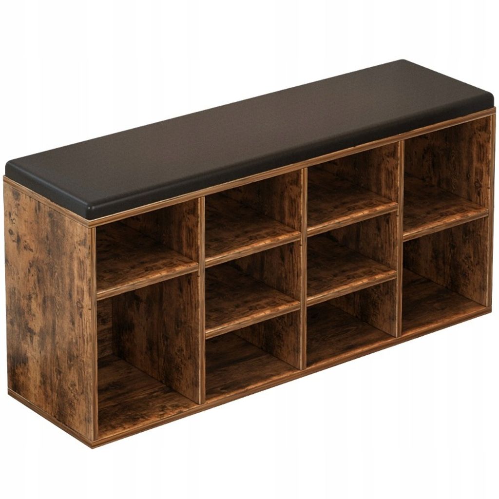A shoe cabinet with a padded seat on top, shown against a white background.