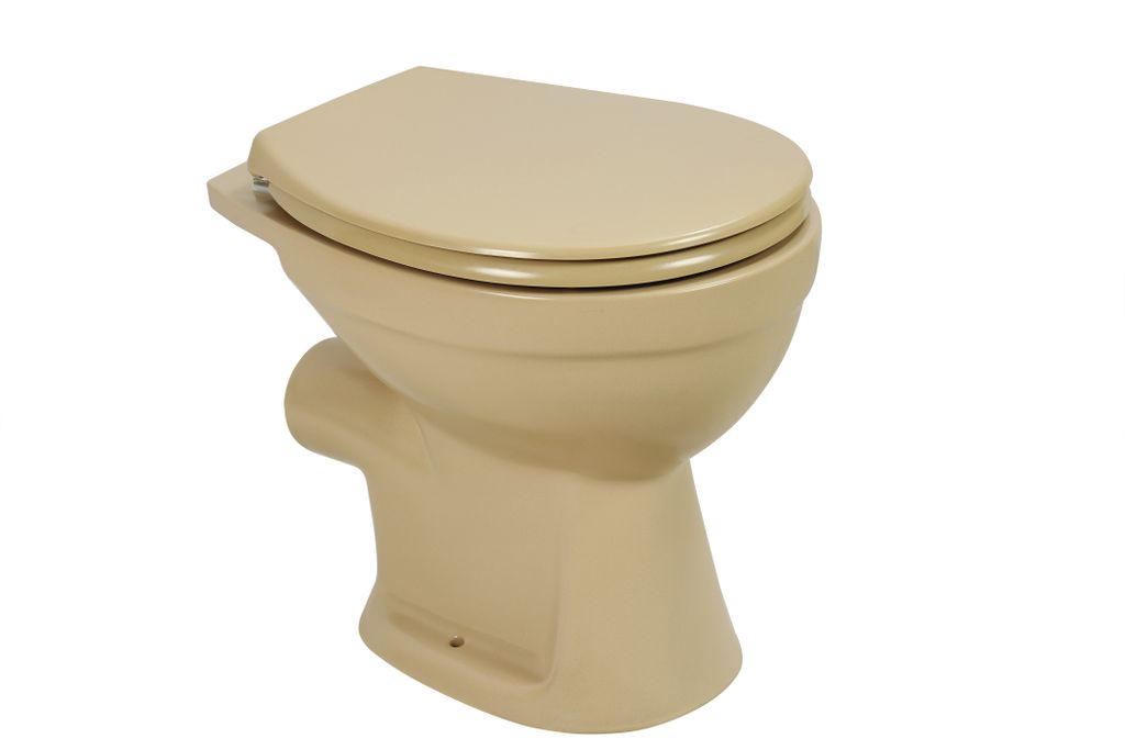 sanicomfort Stand-WC beige spülrandlos, Abgang waagrecht, Tiefspüler mit WC-Sitz mit Absenkautomatik