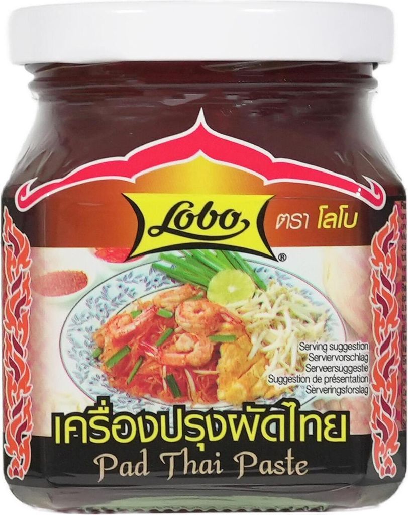 A jar of Pad Thai paste with a label showing a picture of Pad Thai.