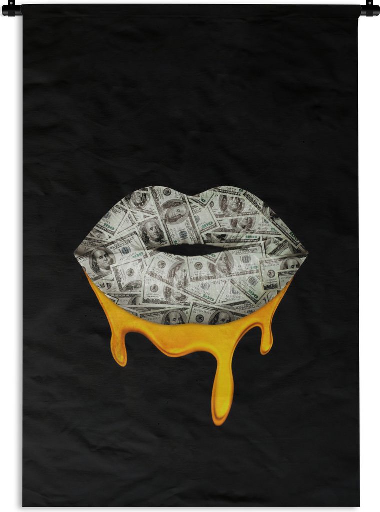 MuchoWow Wandteppich Wandbehang Lippen - Geld - Schwarz und Weiß 90x135 cm Tapisserie Dekoration Wandtuch - Baumwolle - Wandskulptur