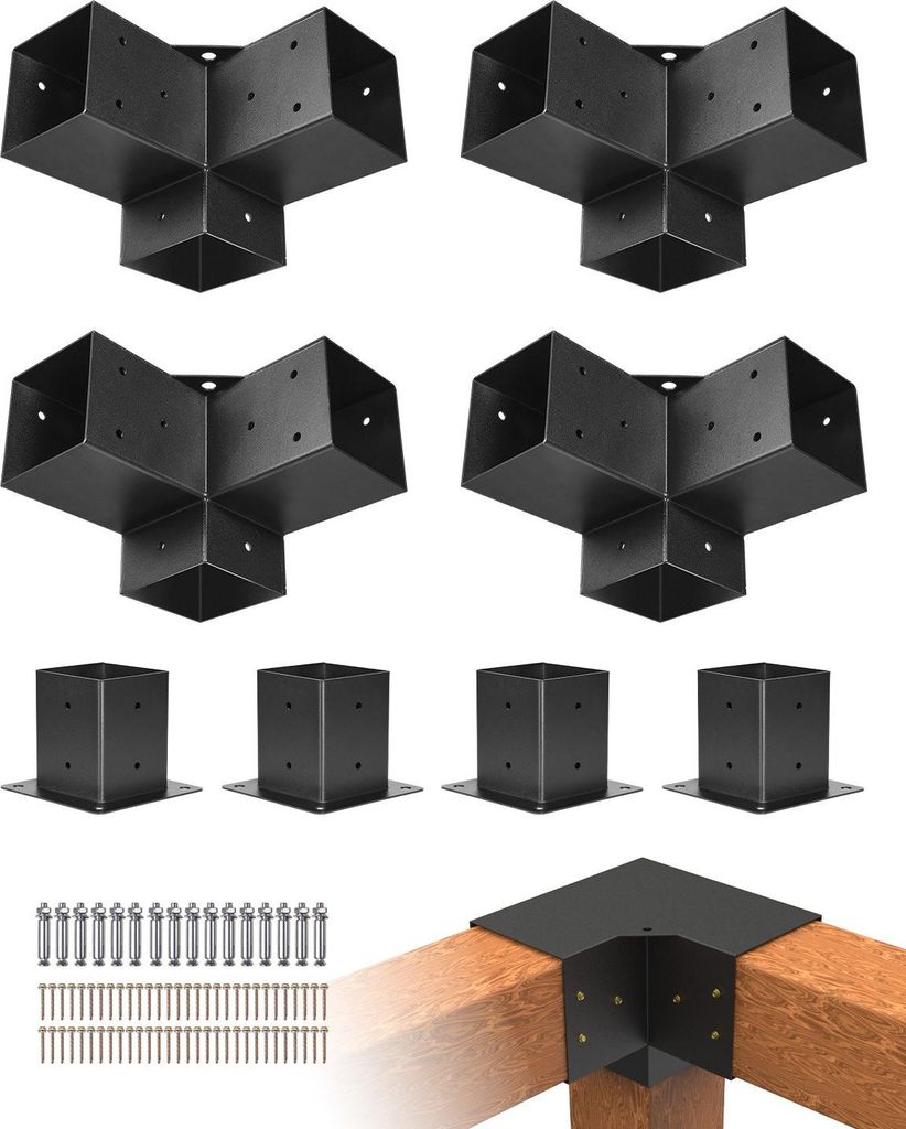 Pfostenverbinder - 3-Wege-Eckverbinder Set - Für 9,2 x 9,2 cm Holzpfosten - Set mit 4 Teilen - Mit Pfostenträger - Pergola-Halterung für Pavillo...