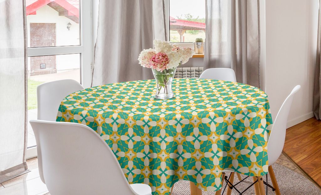 ABAKUHAUS Abstrakt Runde Tischdecke, geometrische Wiederholung, Kreis Tischdecke Abdeckung für Esszimmer Küche Dekoration, 150 cm, Seafoam Champagne