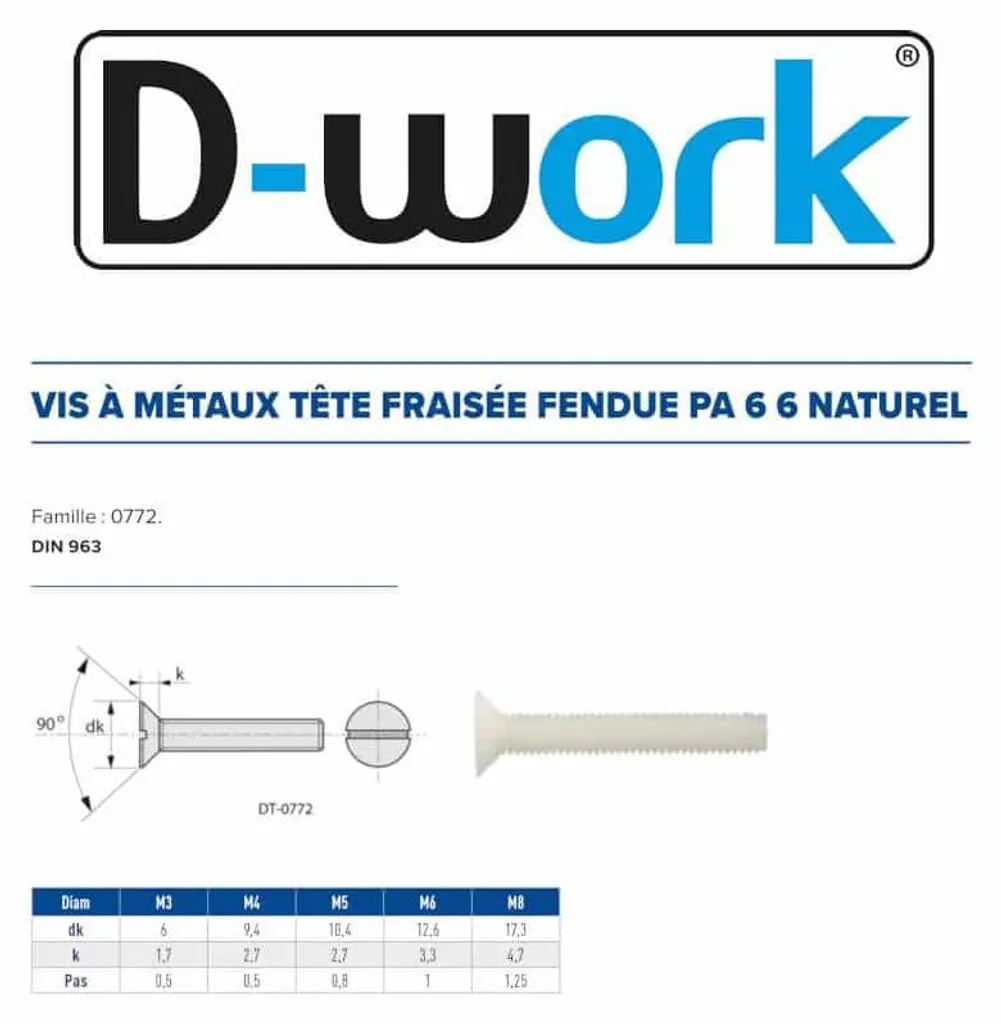 Vis en Nylon M5 x 12 mm Tête Fraisée DIN 963 Lot de 200 Pièces D-Work